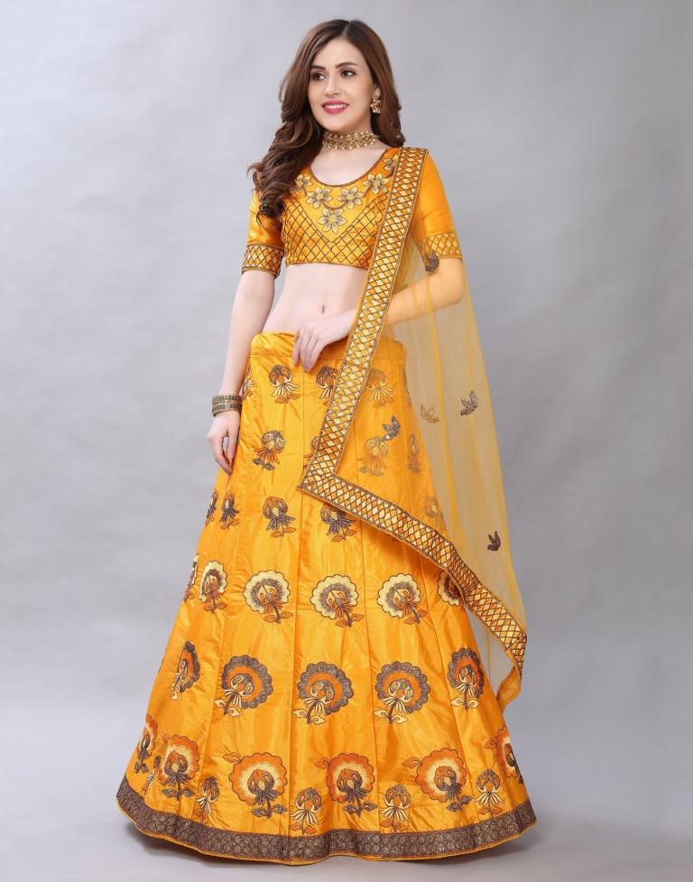 Beautiful Turmeric Yellow Coloured Satin Silk Embroidered Casual Wear Lehenga