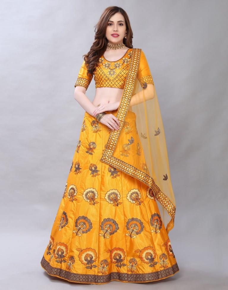 Beautiful Turmeric Yellow Coloured Satin Silk Embroidered Casual Wear Lehenga