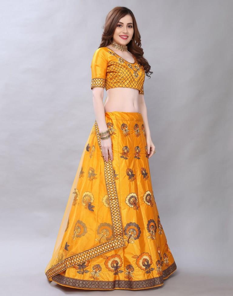 Beautiful Turmeric Yellow Coloured Satin Silk Embroidered Casual Wear Lehenga