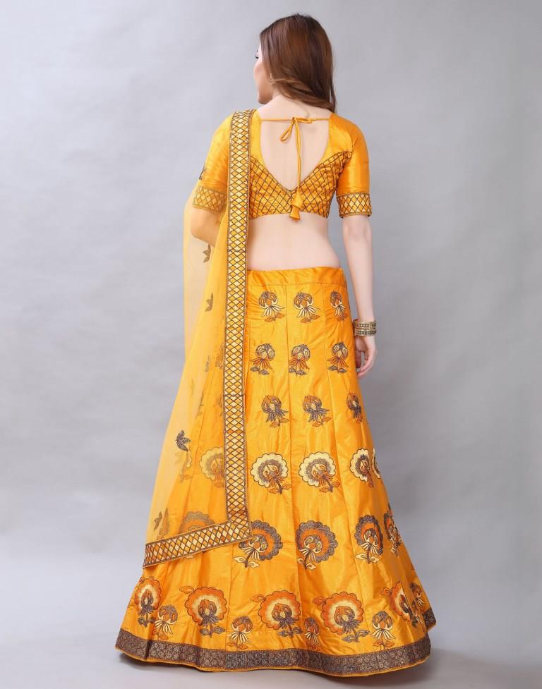 Beautiful Turmeric Yellow Coloured Satin Silk Embroidered Casual Wear Lehenga