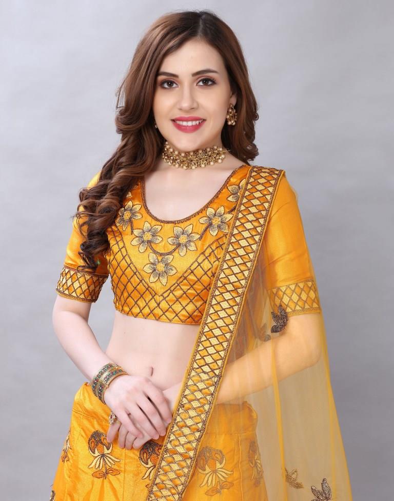 Beautiful Turmeric Yellow Coloured Satin Silk Embroidered Casual Wear Lehenga