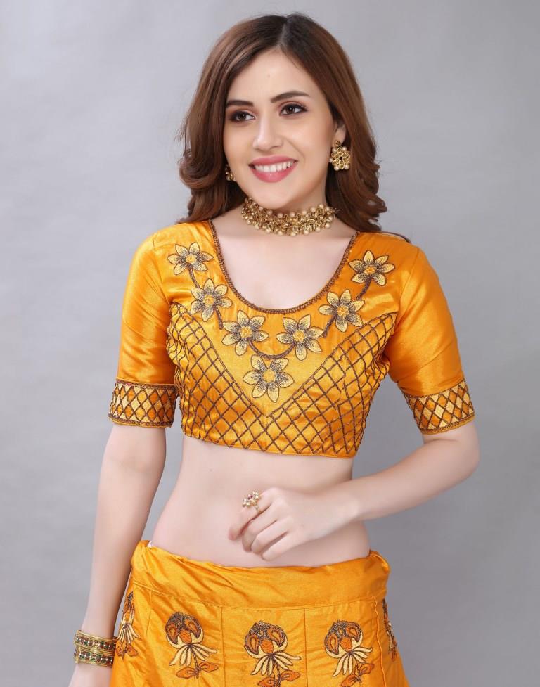 Beautiful Turmeric Yellow Coloured Satin Silk Embroidered Casual Wear Lehenga