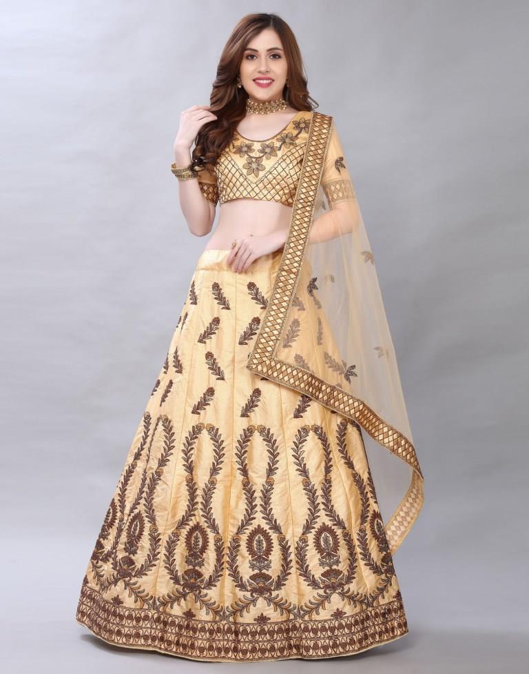 Bedazzling Cream Coloured Satin Silk Embroidered Casual Wear Lehenga