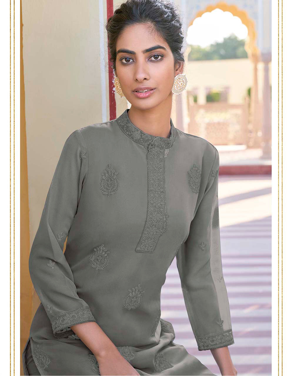 Gray Fox Georgette With Embroidery Work Kurti