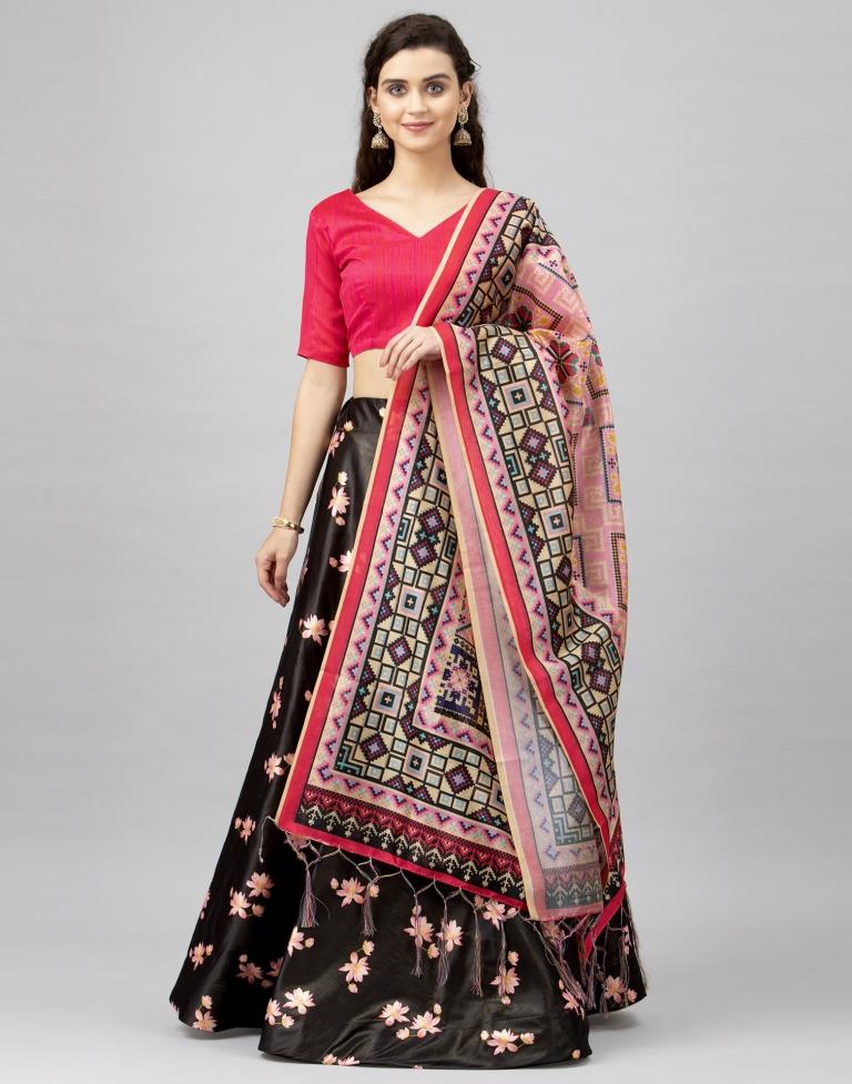 Attractive Black Coloured Poly Silk Digital Printed Casual Wear Lehenga