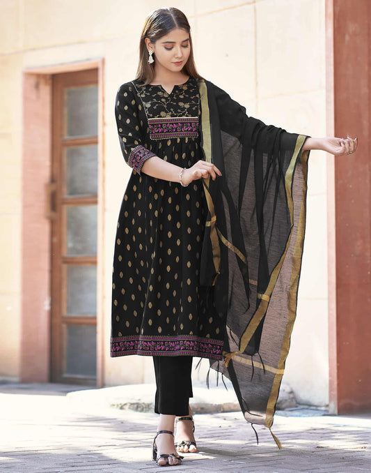 Black Printed Rayon Flared Kurta With Pant And Dupatta