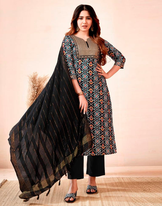 Black Printed Cotton Straight Kurta Set with Dupatta