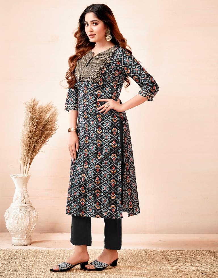 Black Printed Cotton Straight Kurta Set with Dupatta