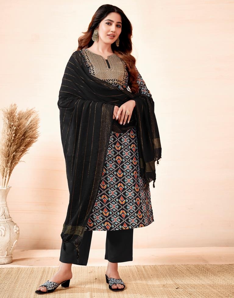 Black Printed Cotton Straight Kurta Set with Dupatta