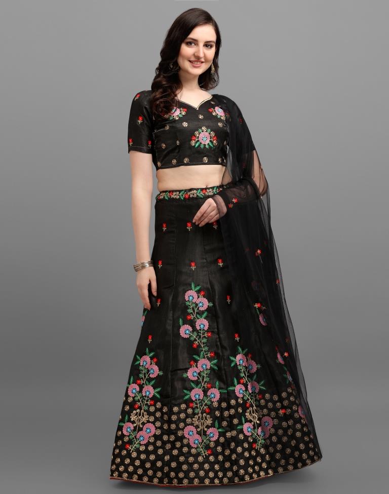 Black Coloured Poly Silk Embroidered Partywear Lehenga