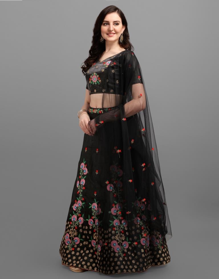 Black Coloured Poly Silk Embroidered Partywear Lehenga