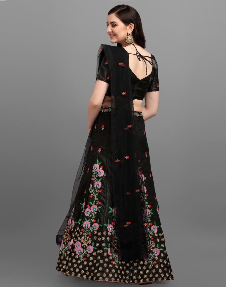 Black Coloured Poly Silk Embroidered Partywear Lehenga