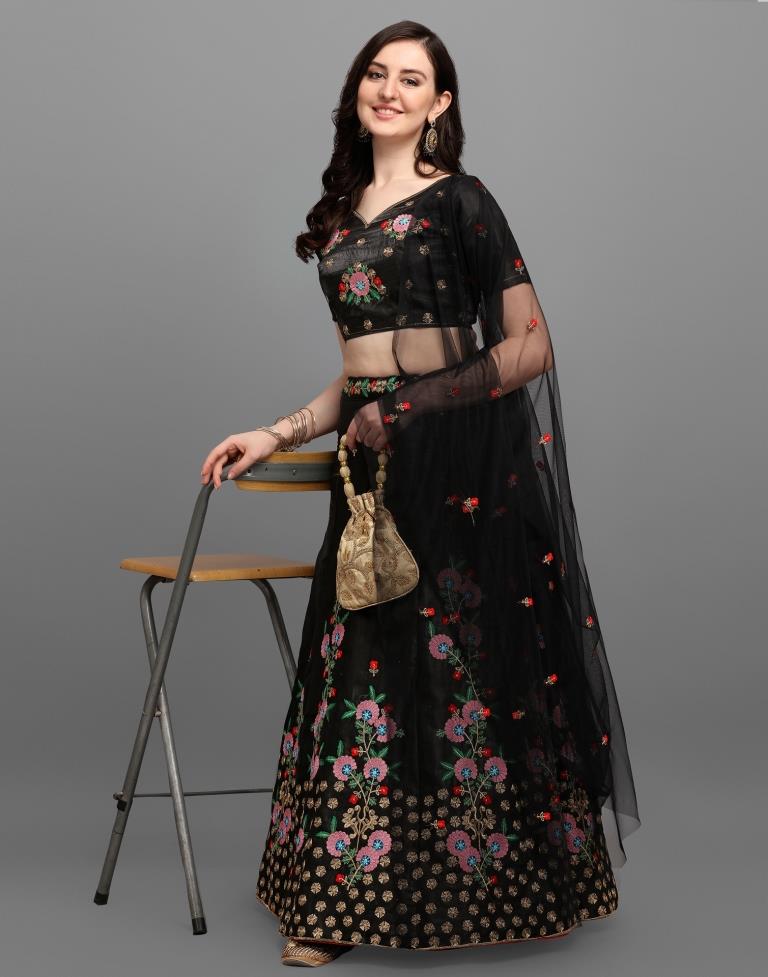 Black Coloured Poly Silk Embroidered Partywear Lehenga