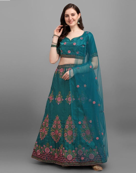 Green Coloured Poly Silk Embroidered Partywear Lehenga