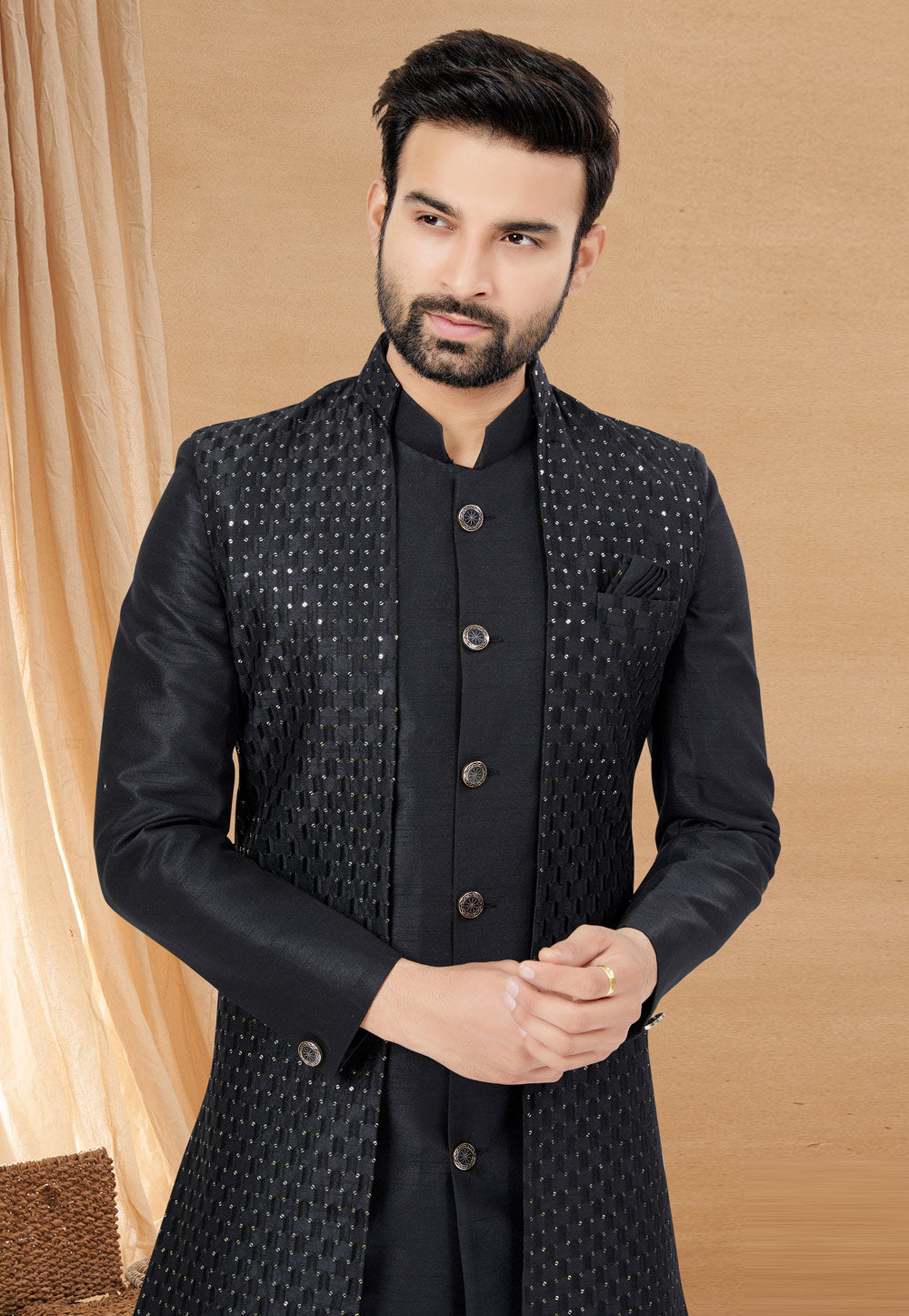 Black Indo Western Jacket Kurta Set with Intricate Mirror Work