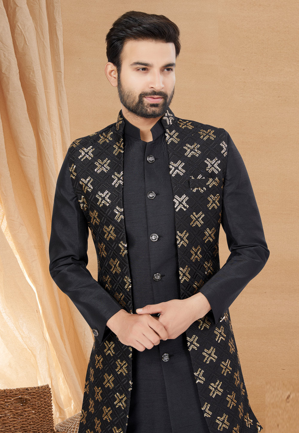 Black Indo Western Jacket Kurta Set with Gold Mirror Embroidery