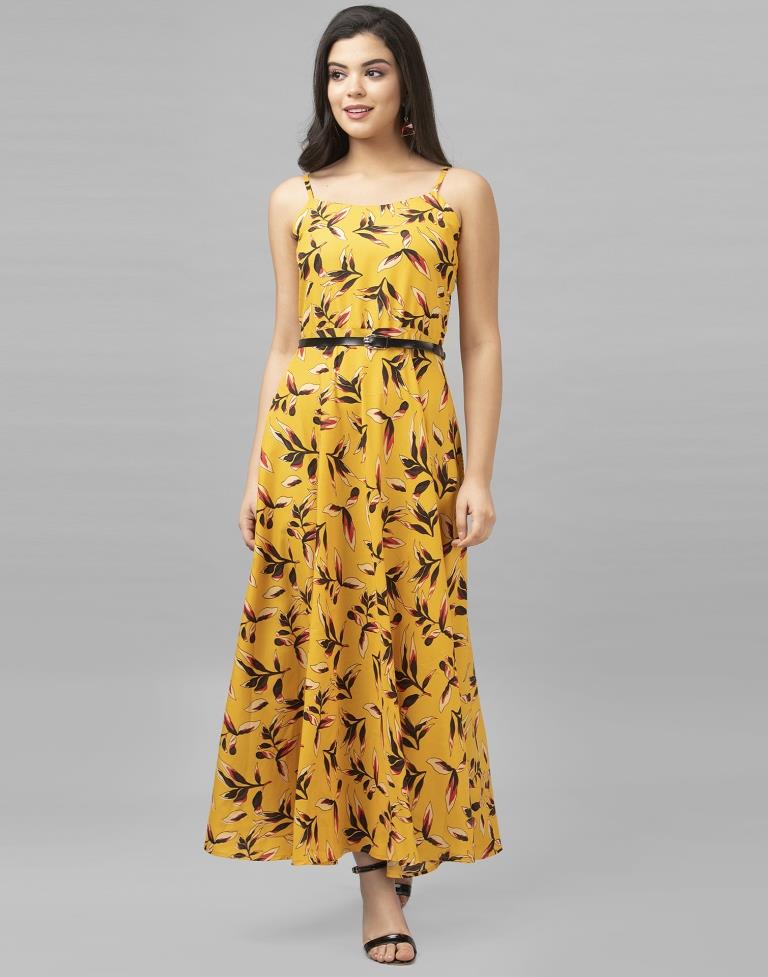 Bedazzling Mustard Yellow Coloured Digital Printed Crepe Dress