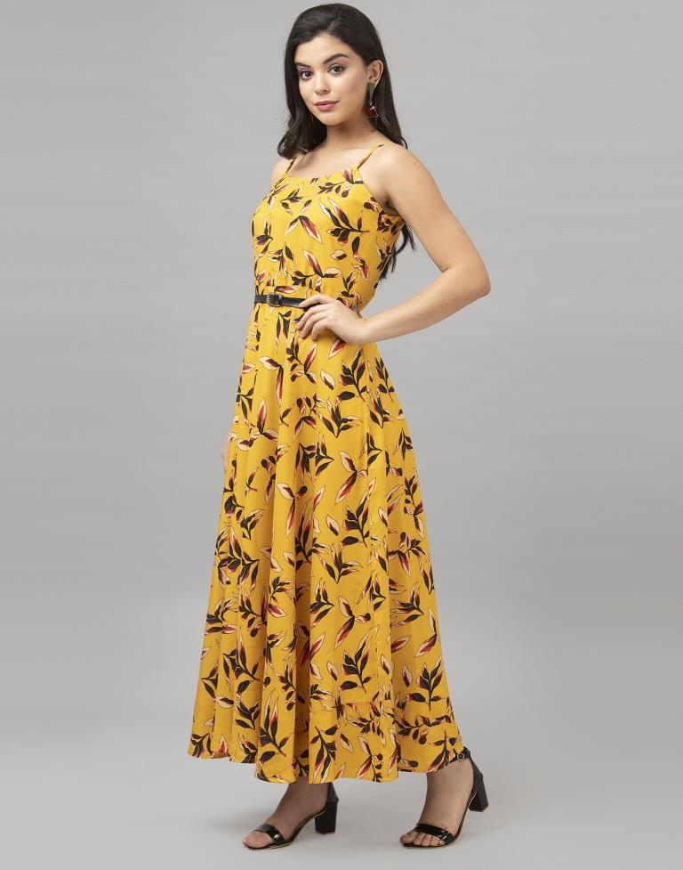 Bedazzling Mustard Yellow Coloured Digital Printed Crepe Dress