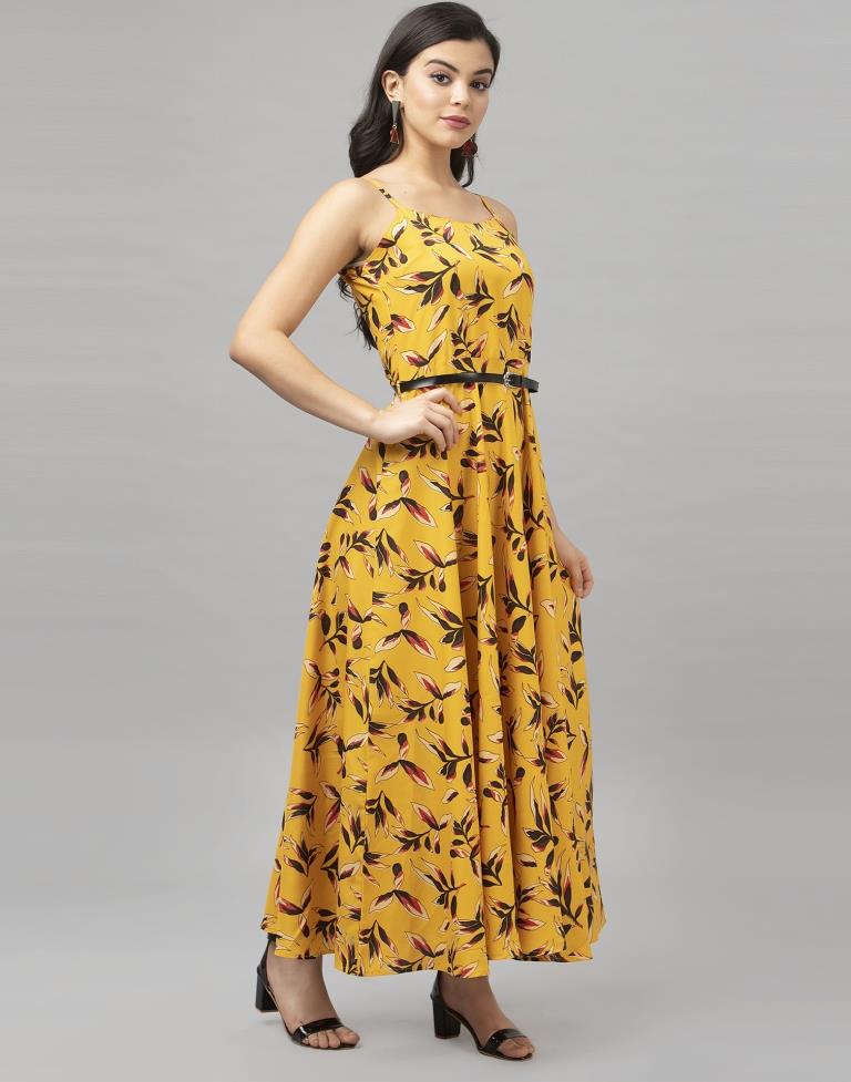 Bedazzling Mustard Yellow Coloured Digital Printed Crepe Dress