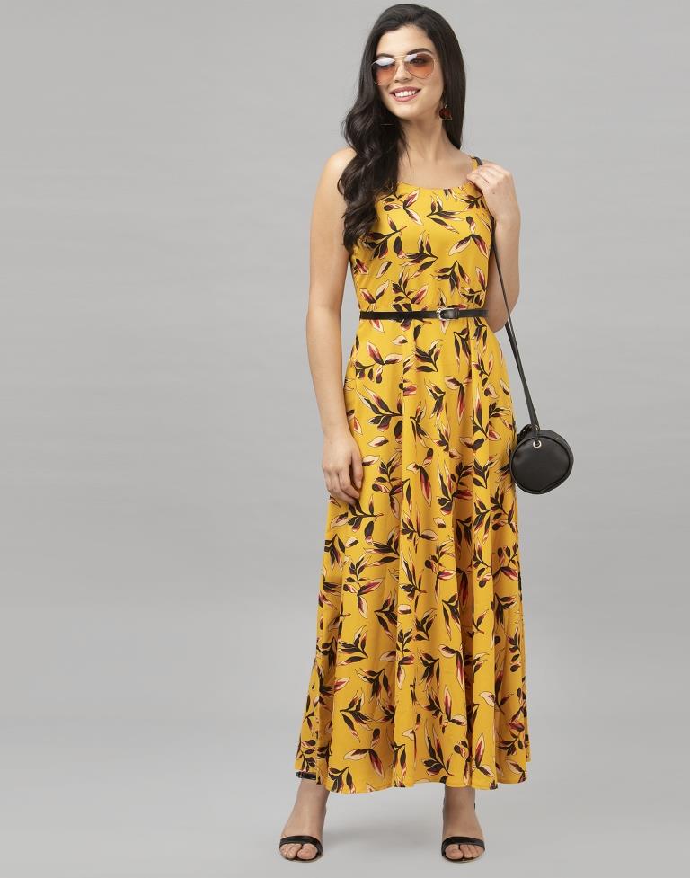 Bedazzling Mustard Yellow Coloured Digital Printed Crepe Dress