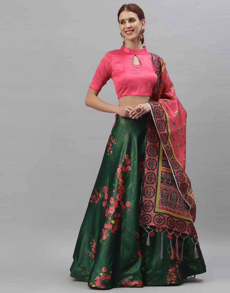 Green And Multicolour Printed Lehenga