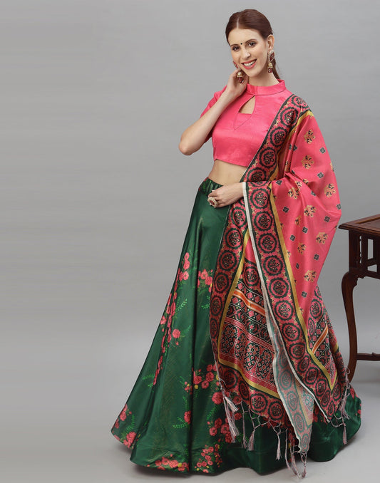 Green And Multicolour Printed Lehenga