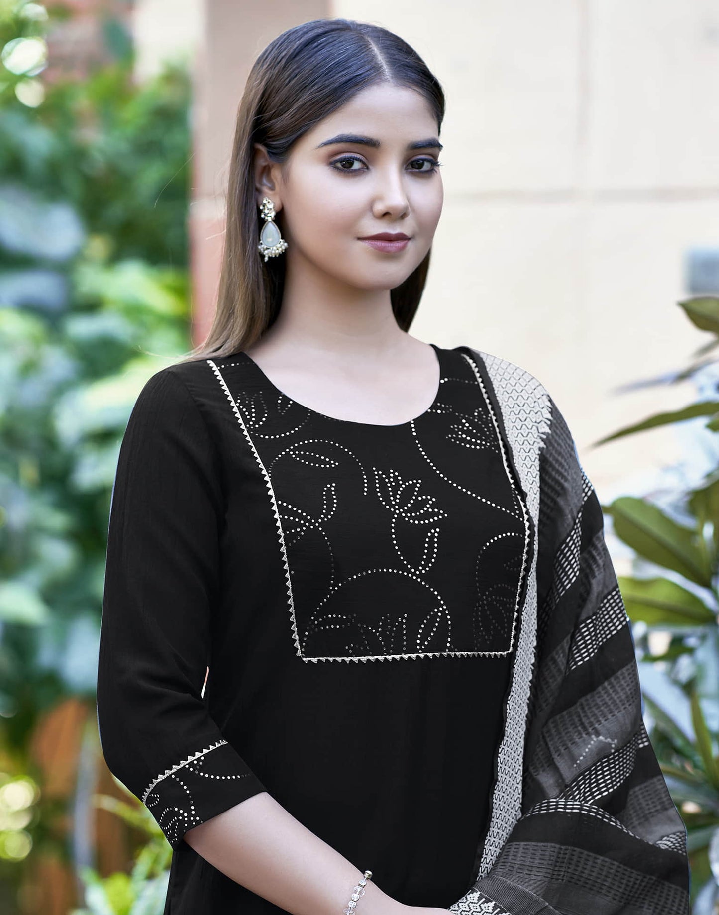 Black Embellished Chinnon Straight Kurta With Pant And Dupatta