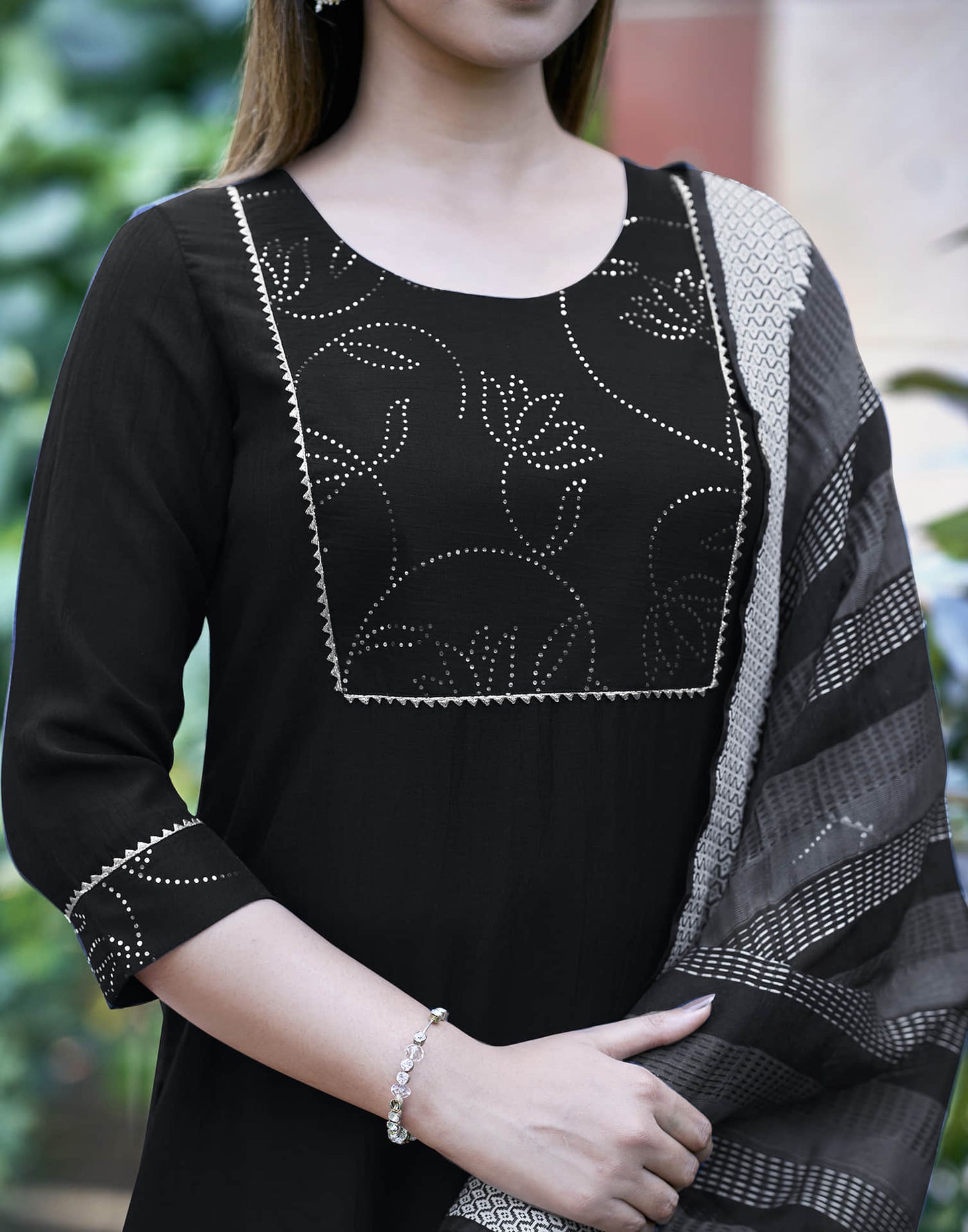 Black Embellished Chinnon Straight Kurta With Pant And Dupatta