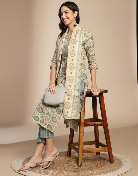 Beige Cotton Printed A-Line Kurta Set