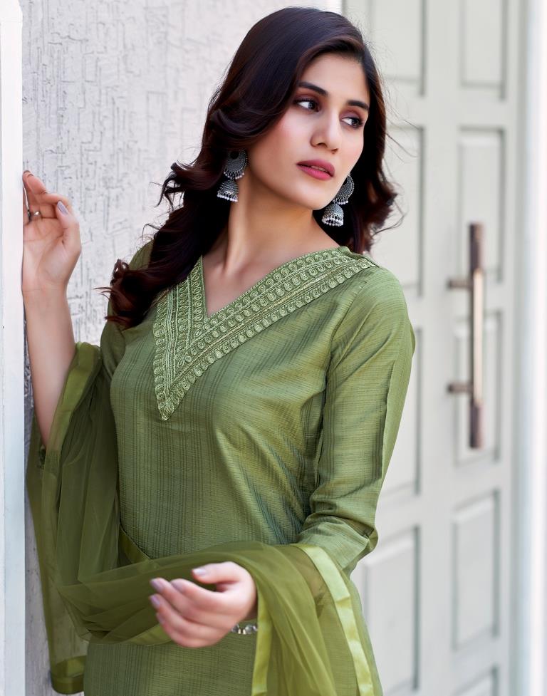 Olive Green Silk Embroidery Straight Kurta Set