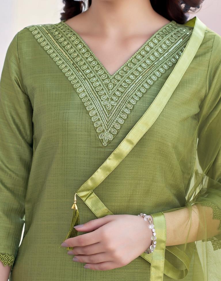 Olive Green Silk Embroidery Straight Kurta Set