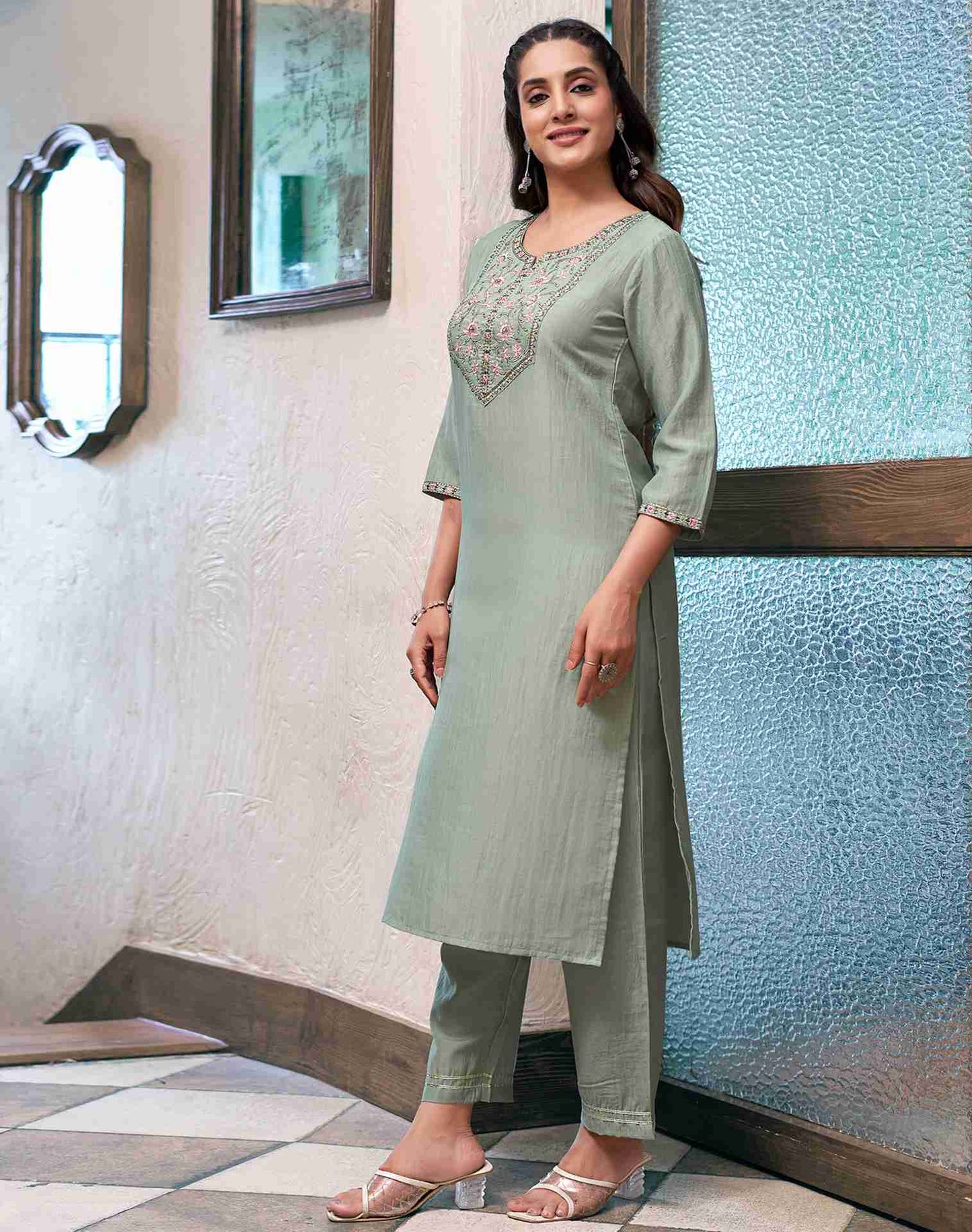 Green Chinnon Printed Kurta Set With Dupatta