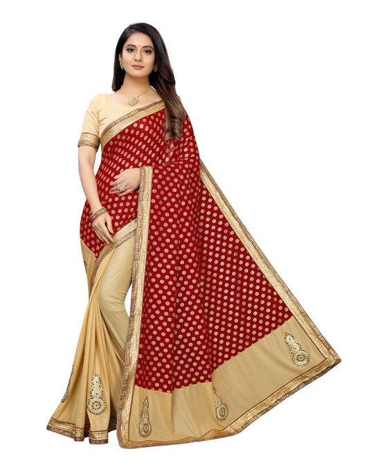 Beige Coloured Lycra Embroidered Partywear saree