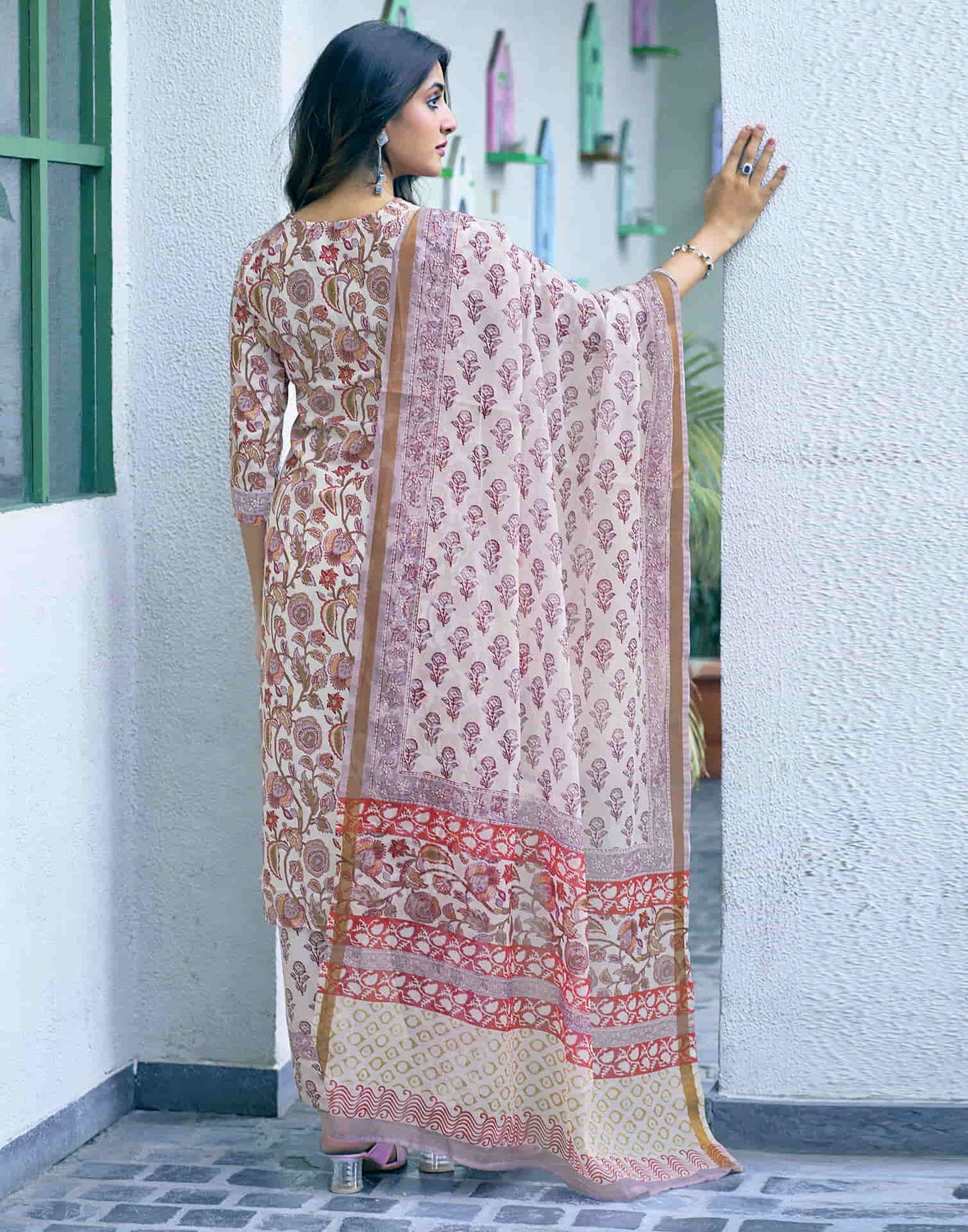 Off White Printed Rayon Straight Kurta With Pant And Dupatta