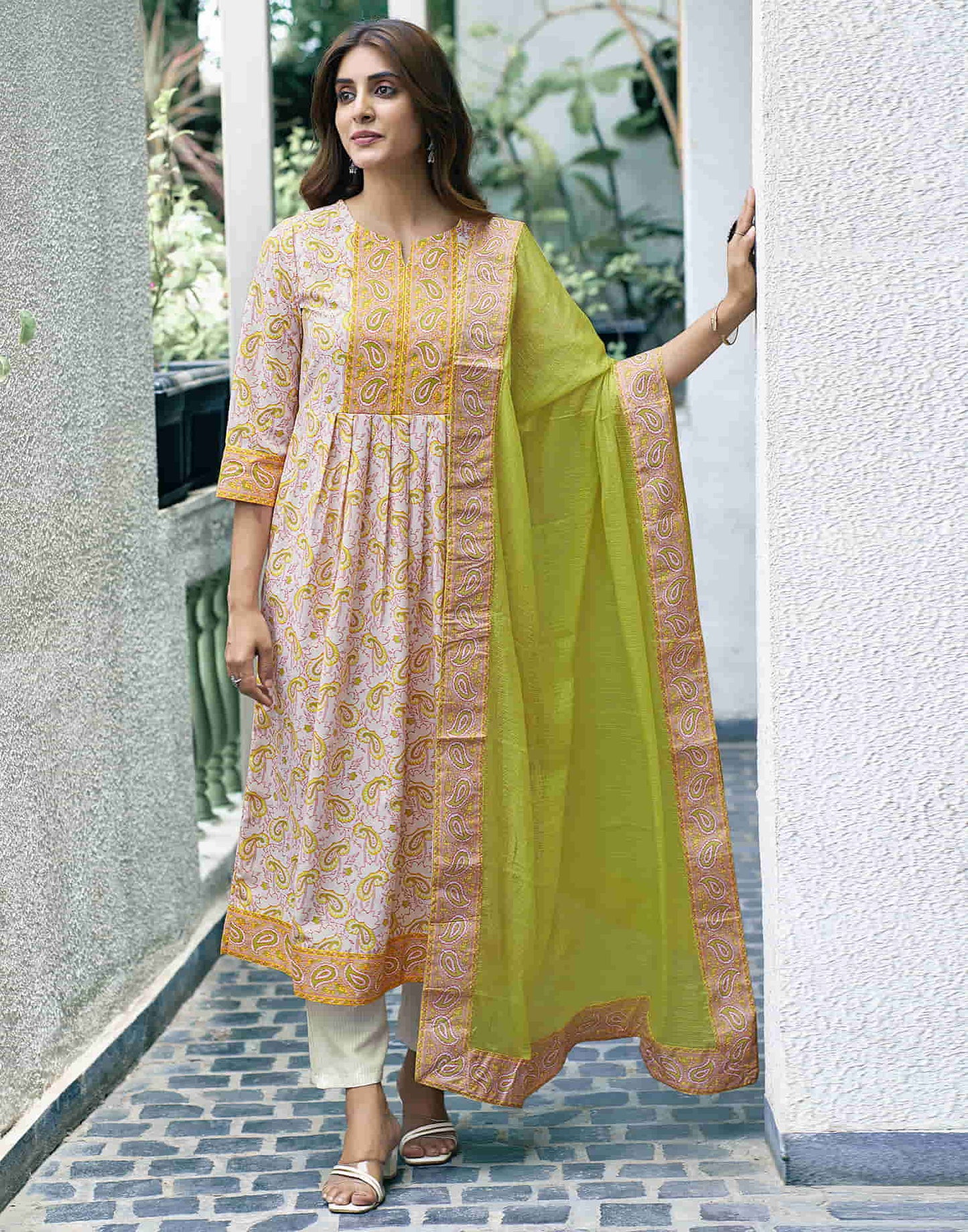 Off White Printed Rayon Flared Kurta With Pant And Dupatta