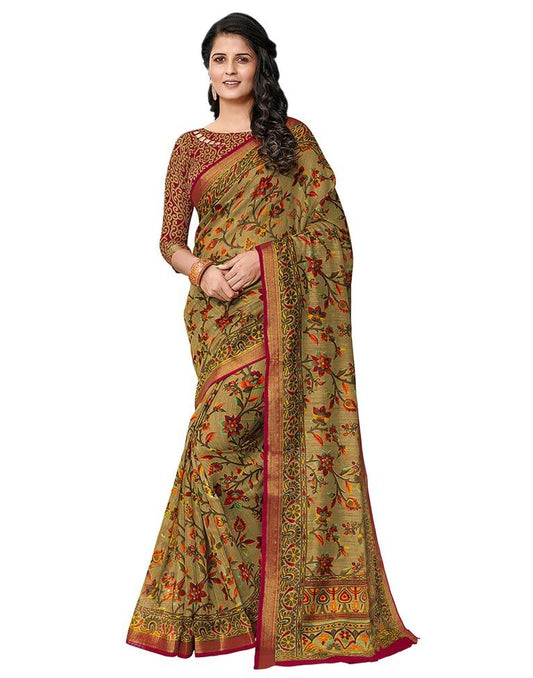 Olive Green Coloured Cotton Blend Printed Casual saree