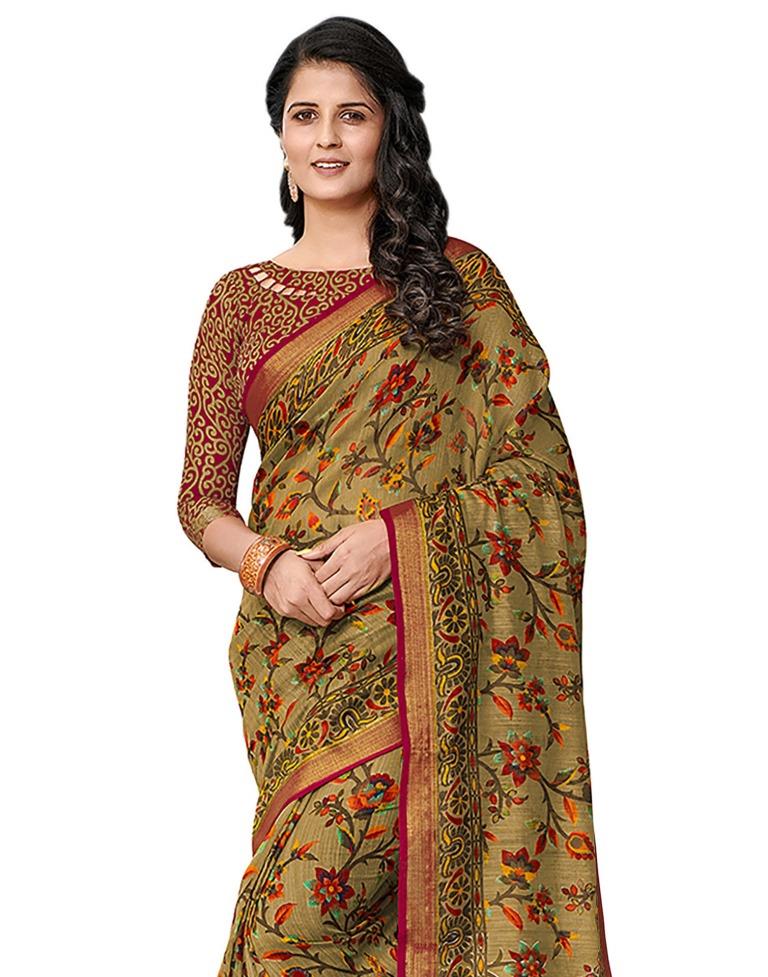 Olive Green Coloured Cotton Blend Printed Casual saree