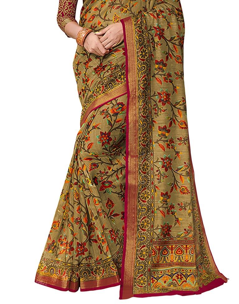 Olive Green Coloured Cotton Blend Printed Casual saree