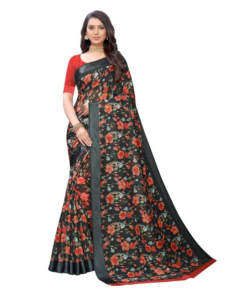 Black Printed Cotton Saree