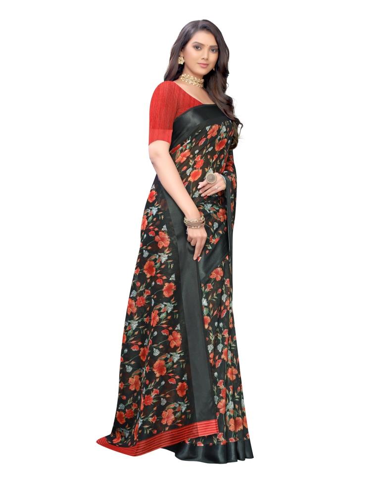 Black Printed Cotton Saree