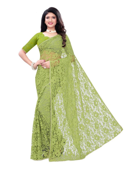 Parrot Green Coloured Embellished Russel Net Saree