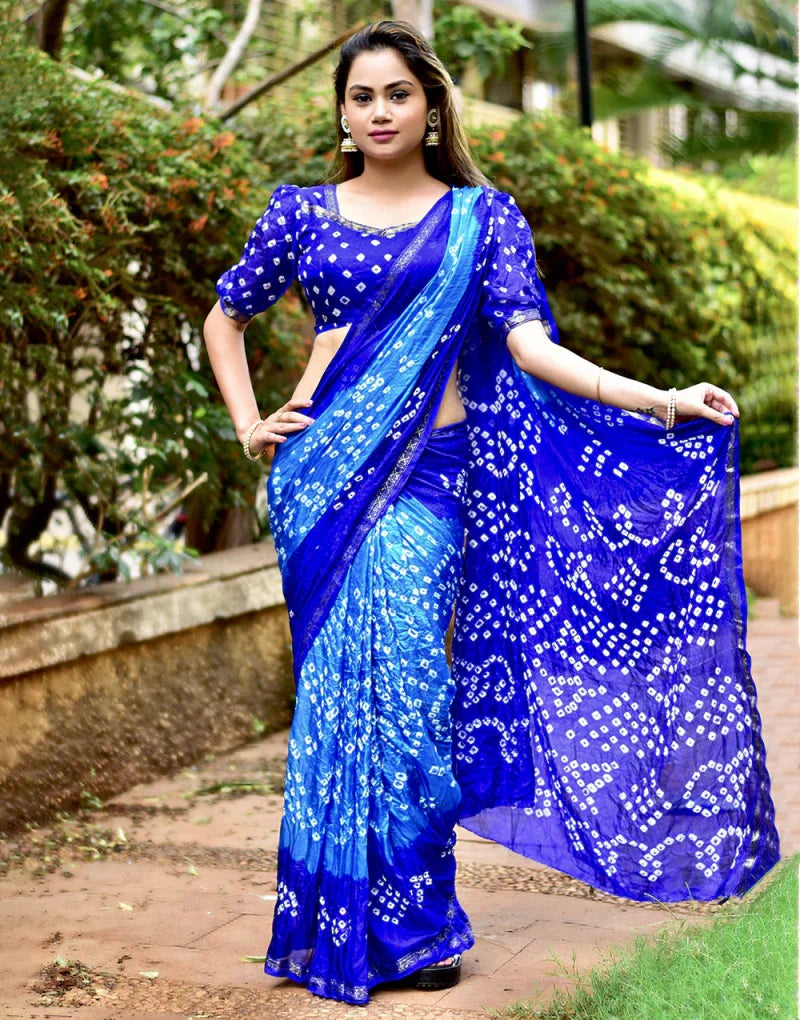 Blue Hand Bandhej Bandhani Saree With Printed Work