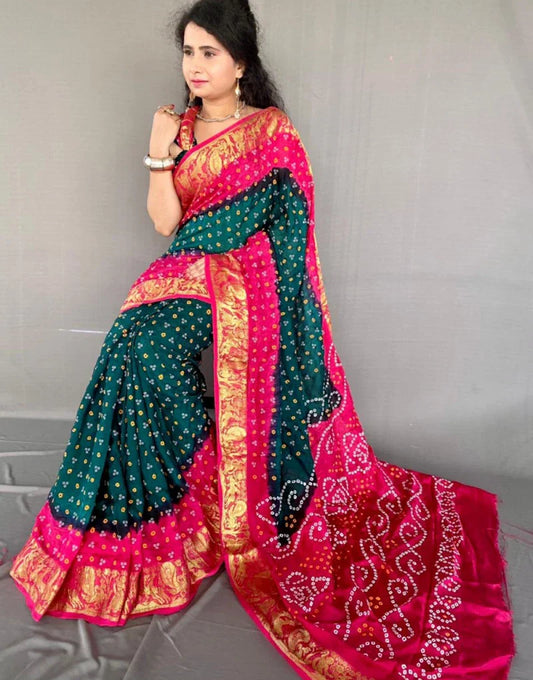 Green And Pink Colour Hand Bandhej Bandhani Saree