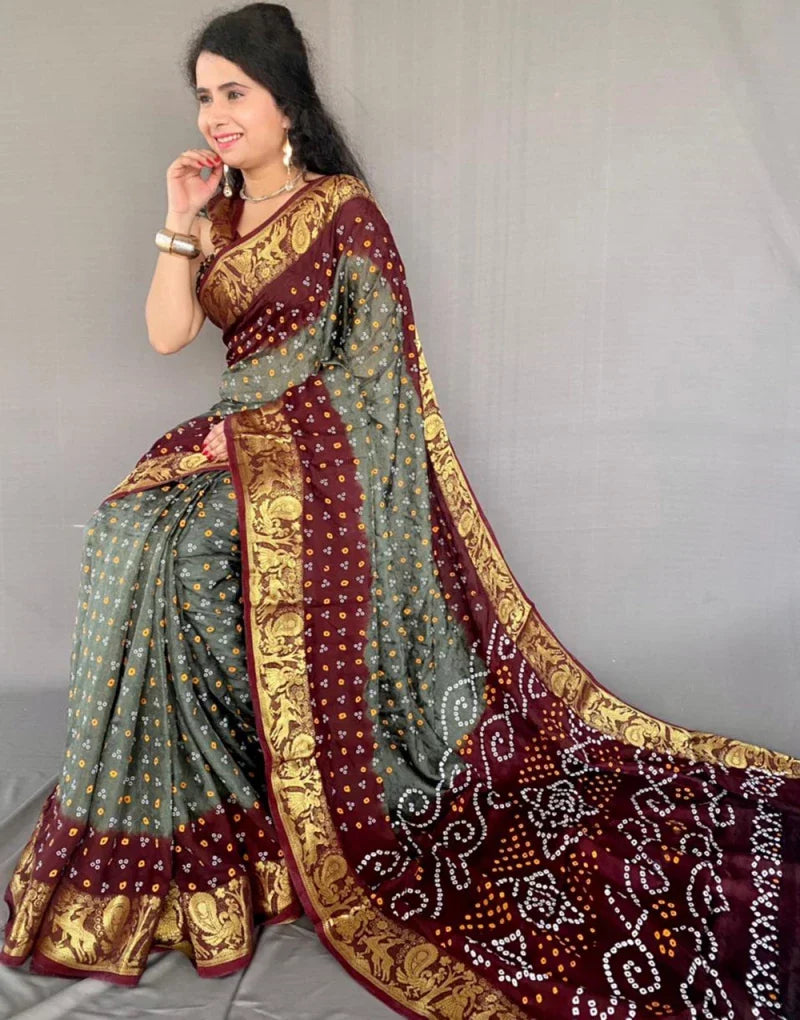 Gray & Maroon Hand Bandhej Bandhani Saree