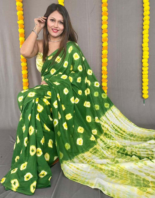 Mahendi Green Hand Bandhej Cotton Saree