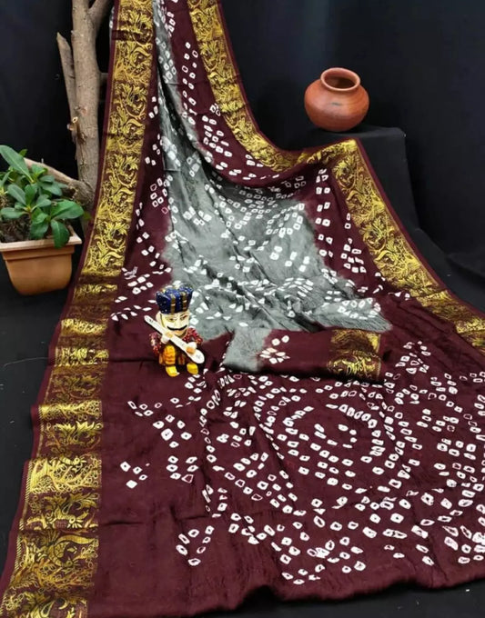 Dark Brown & Grey Hand Bandhej Bandhani Sarees With Weaving Border