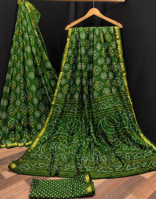 Mehendi Green Hand Bandhej Bandhani Saree With Blouse Set