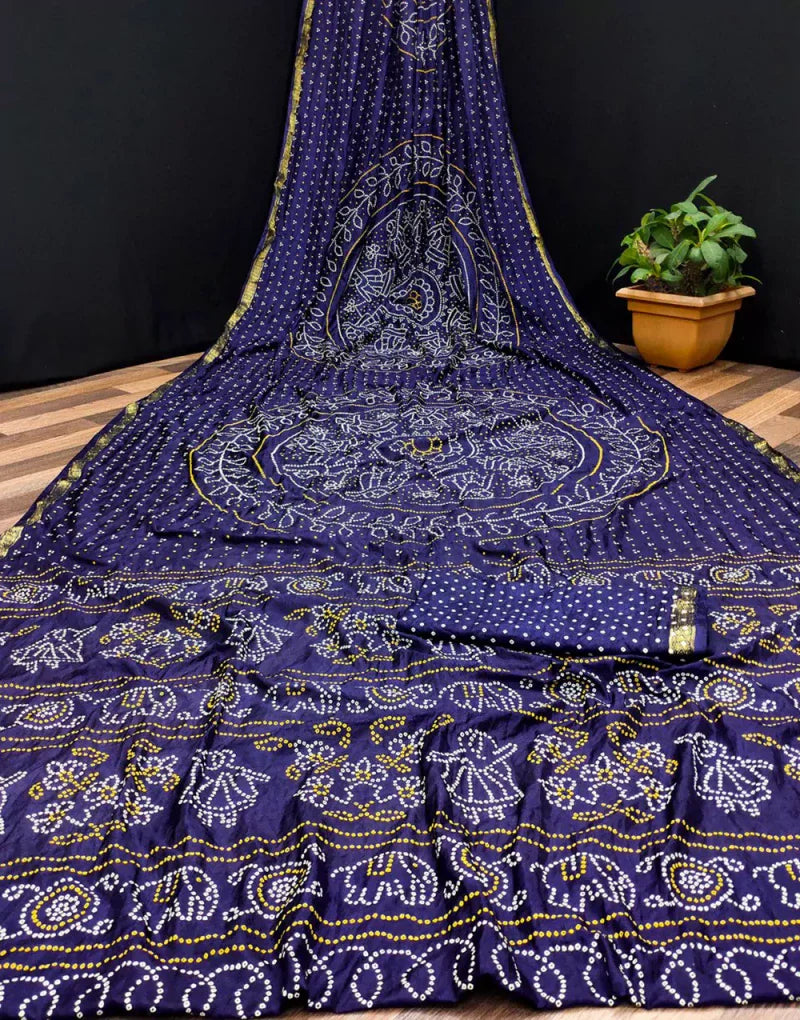 Blue Hand Bandhaj Sarees With Printed Work