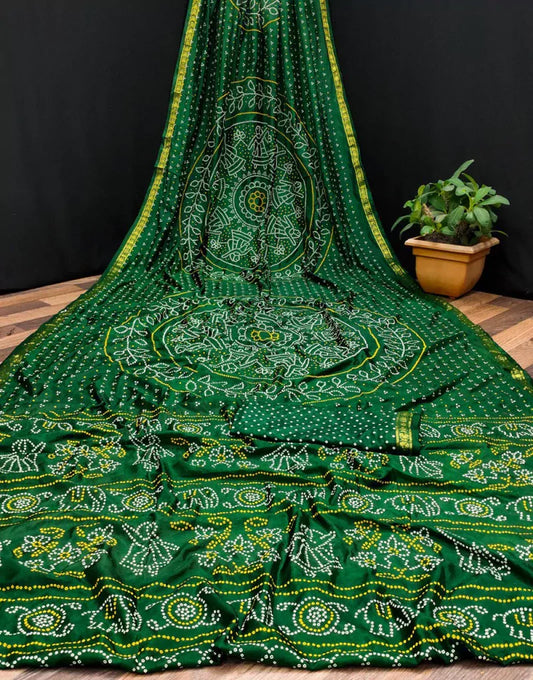 Green Hand Bandhaj Sarees With Printed Work