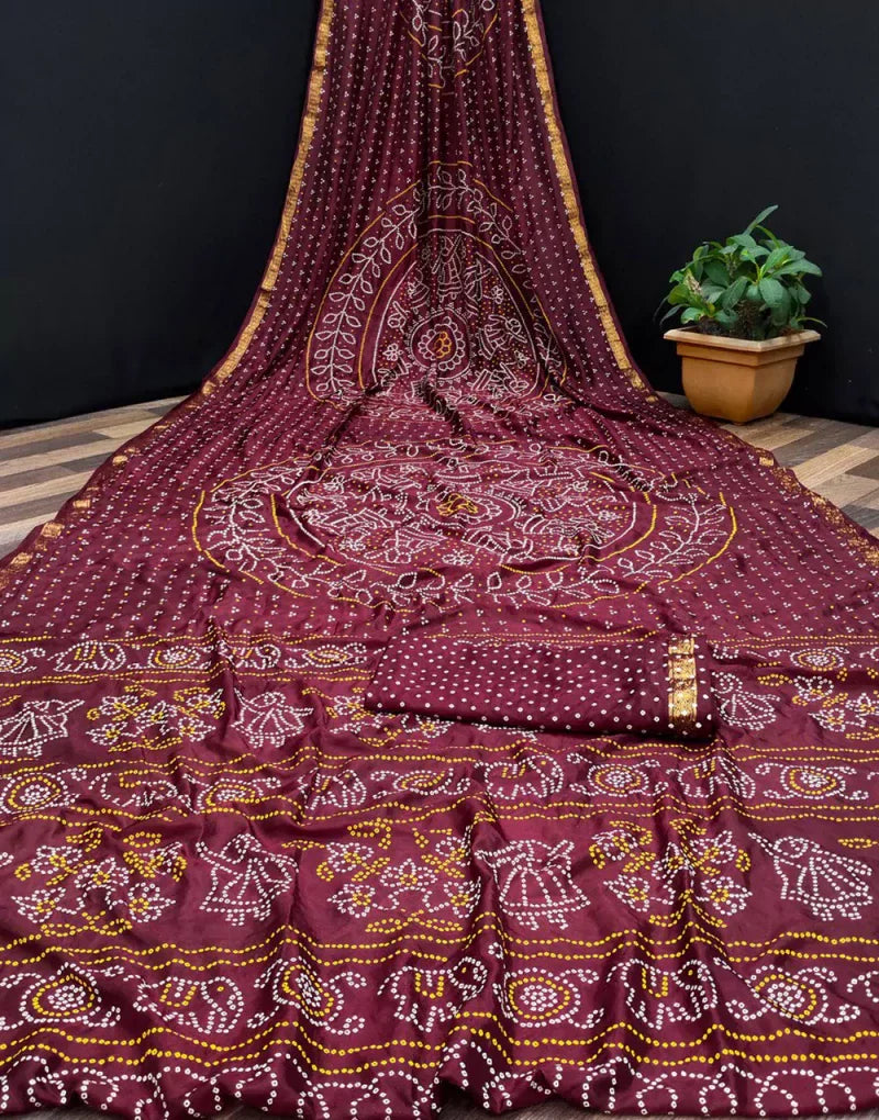 Maroon Hand Bandhaj Sarees With Printed Work